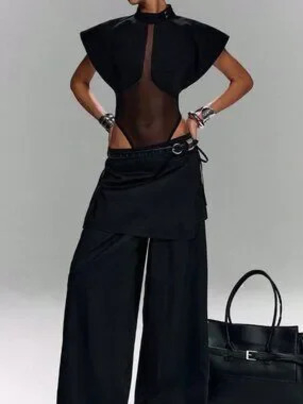 Black Sexy Women's Button Collar Sheer Mesh Patchwork Bodysuit